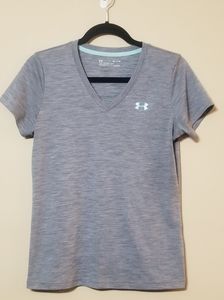 Under Armour Gray Turquoise Vneck Heatgear Tshirt Top, Size Small
